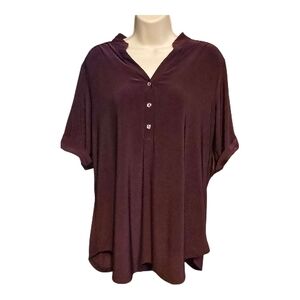 Per Seption Concept Burgundy Blouse XL Flowy Tunic Top Button Front Short Sleeve